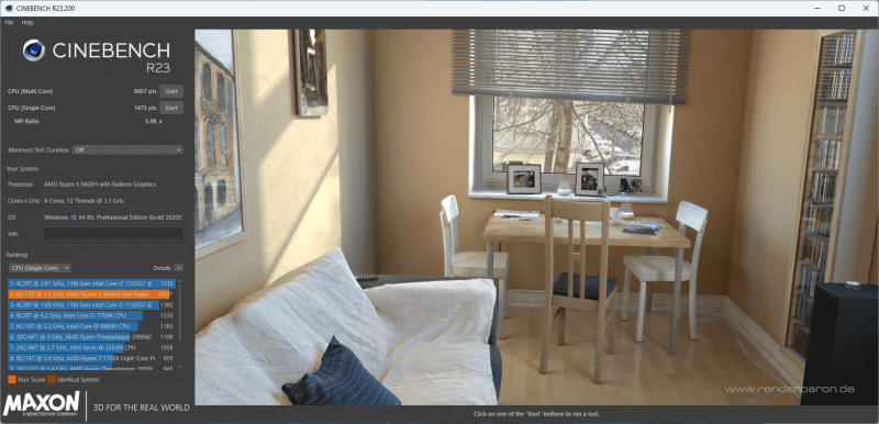 Cinebench R23の結果。シングルコア1,473、マルチコア8,807ということで、これも2016年現在、実用十分な性能だ