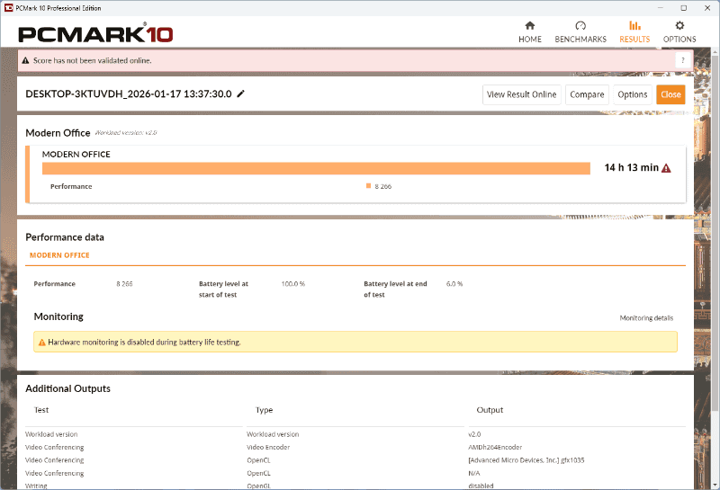 バッテリ駆動時間はなんと14時間13分。テキスト入力やちょっとした写真編集、Web閲覧といった軽作業であればACアダプタは不要だろう