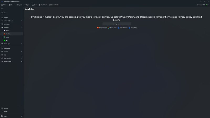 PlatformでYouTubeを選ぶと、まず「利用規約同意」ボタンが表示されるのでこれを押す