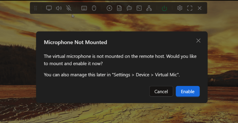 バーチャルマイク機能を有効にするときのメッセージ