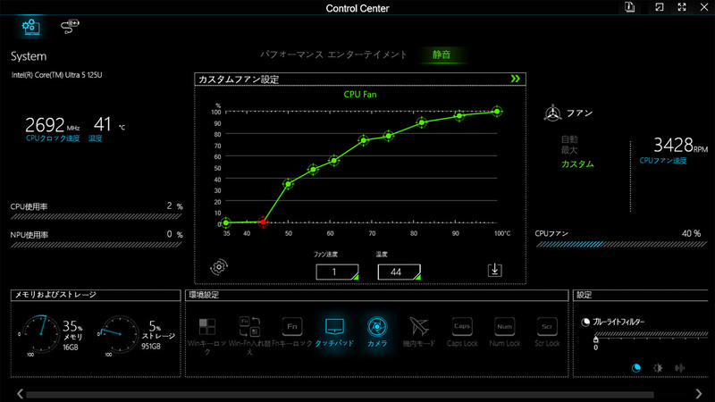 「ControlCenter 3.0」ではファンの動作を細かくカスタマイズできる。低負荷時は徹底的にノイズを出さない設定にするのもOKだ