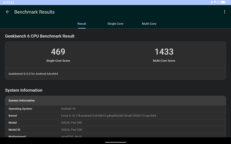 GeekBench 6(Single-core / Multi-core)。469 / 1,433 (475 / 1,542)