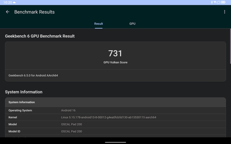 Geekbench 6(Vulkan / OpenCL)。731 / OpenCL 704 (1,288 / 832)