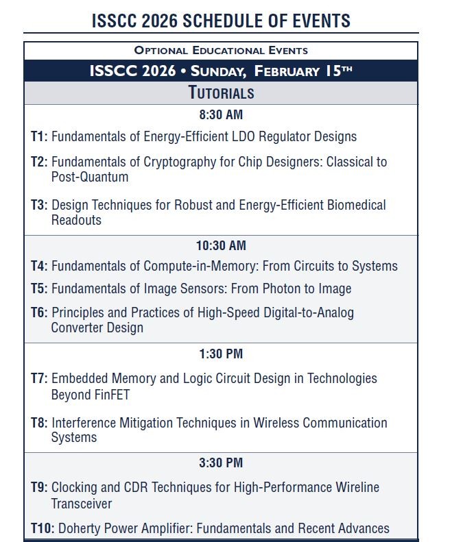 2月15日に開催されるチュートリアルのテーマと時間割の一覧。ISSCC 2026のプログラムから筆者が抜粋したもの