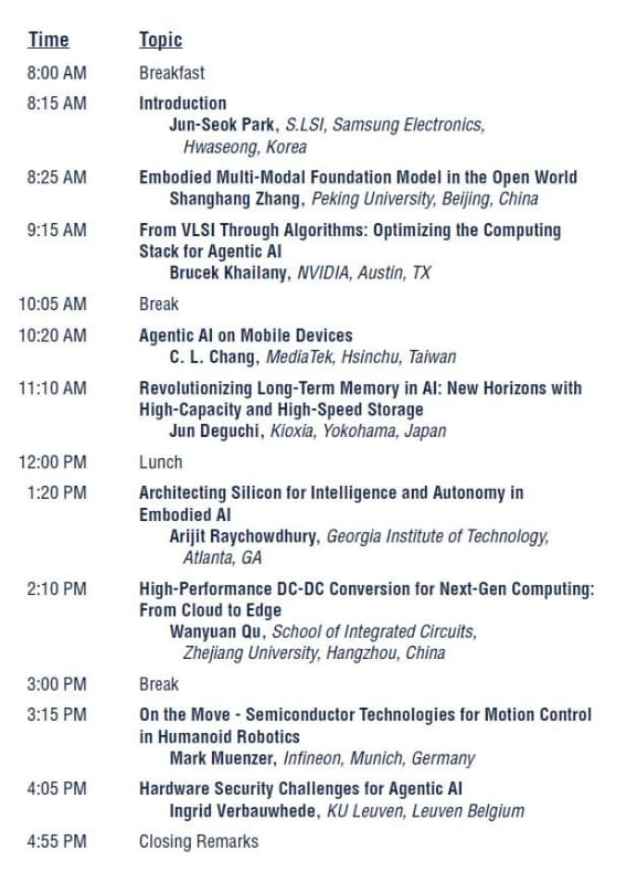 2月15日に開催される「フォーラム1(Forum 1)」(AI向け高効率回路)の講演と時間割の一覧。ISSCC 2026のプログラムから筆者が抜粋したもの