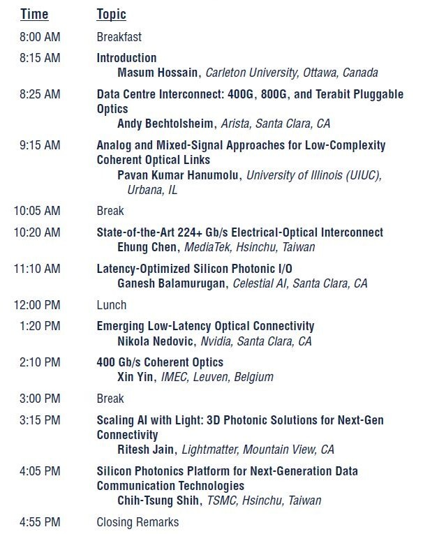 2月15日に開催される「フォーラム2(Forum 2)」(400Gbpsの有線リンク)の講演と時間割の一覧。ISSCC 2026のプログラムから筆者が抜粋したもの