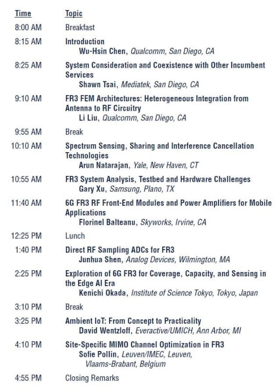 2月19日に開催される「フォーラム4(Forum 4)」(第6世代移動体通信)の講演と時間割の一覧。ISSCC 2026のプログラムから筆者が抜粋したもの