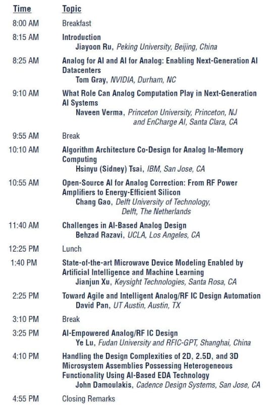 2月19日に開催される「フォーラム5(Forum 5)」(AI時代のアナログ/RF設計者)の講演と時間割の一覧。ISSCC 2026のプログラムから筆者が抜粋したもの