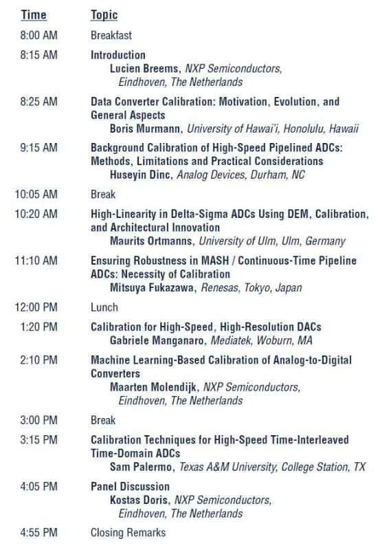 2月19日に開催される「フォーラム6(Forum 6)」(データ変換器の較正と整合)の講演と時間割の一覧。ISSCC 2026のプログラムから筆者が抜粋したもの