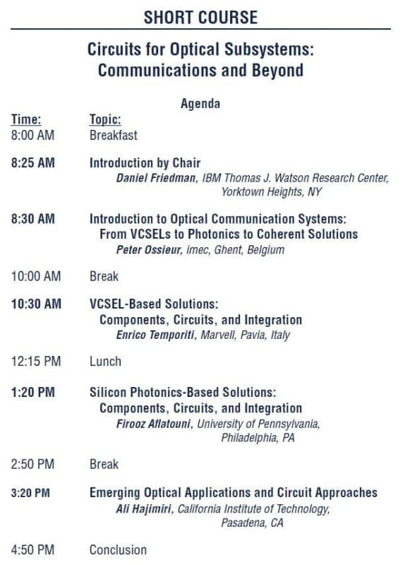 2月19日に開催されるショートコース(光サブシステム)の講演と時間割の一覧。ISSCC 2026のプログラムから筆者が抜粋したもの