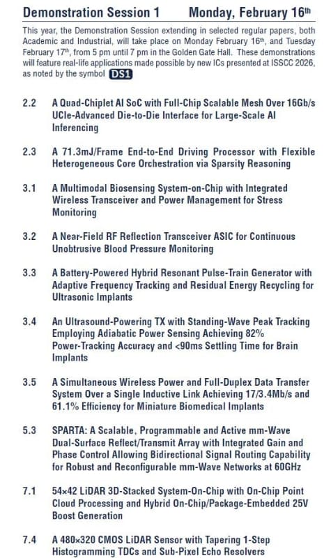 2月16日夕方のデモセッションに出展を予定している講演の番号とタイトル(その1)(10件)。ISSCC 2026のプログラムから抜粋したもの