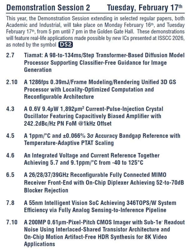 2月17日夕方のデモセッションに出展を予定している講演の番号とタイトル(その1)(8件)。ISSCC 2026のプログラムから抜粋したもの