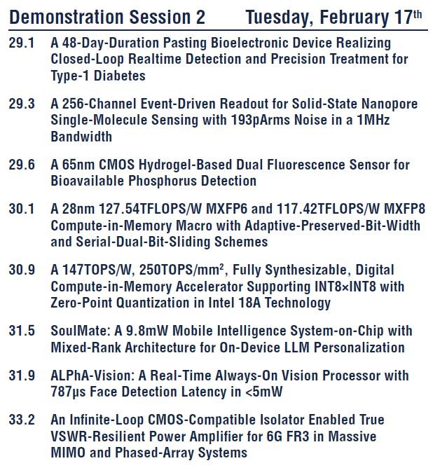 2月17日夕方のデモセッションに出展を予定している講演の番号とタイトル(その3)(8件)。ISSCC 2026のプログラムから抜粋したもの