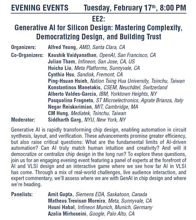 パネル討論会「Generative AI for Silicon Design: Mastering Complexity, Democratizing Design, and Building Trust(シリコン設計用の生成AI: 複雑性の克服と設計の民主化、信頼の構築)」の概要。ISSCC 2026のプログラムから抜粋したもの