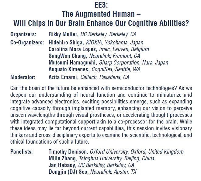 パネル討論会「The Augmented Human -Will Chips in Our Brain Enhance Our Cognitive Abilities?(人間の拡張: 脳内に埋め込んだチップは認知能力を高めるか？)」の概要。ISSCC 2026のプログラムから抜粋したもの