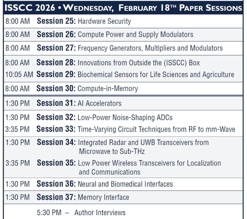 2月18日の一般講演セッションと付帯イベントのスケジュール。ISSCC 2026のプログラムから抜粋したもの