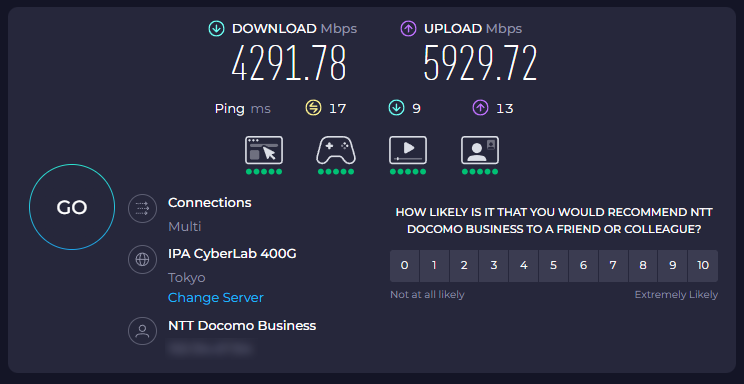 実測はざっくり、上下ともに5Gbps前後が平均で、1Gbps回線の頃の10倍ほどになった