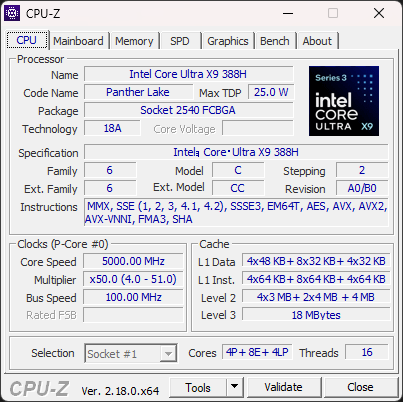 Core Ultra X9 388HのCPU-Z実行画面