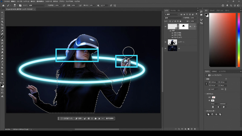 描画色が黒のブラシツールで、ネオンレイヤーのレイヤーマスクをネオンがモデルより後ろになっている部分を塗ります