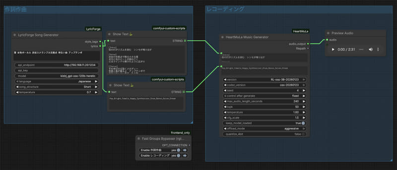 ComfyUI-LyricForge+HeartMuLa Music Generator用Workflow。これなら歌詞が書けなくてもキーワードだけ入れれば後は自動生成される