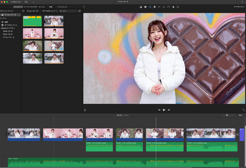 iMovie使って6本の映像を連結。繋ぎ部分を微調整し、映像側の音を削除中。実はこれ1回目の結合。3回部分的に入れ替えている