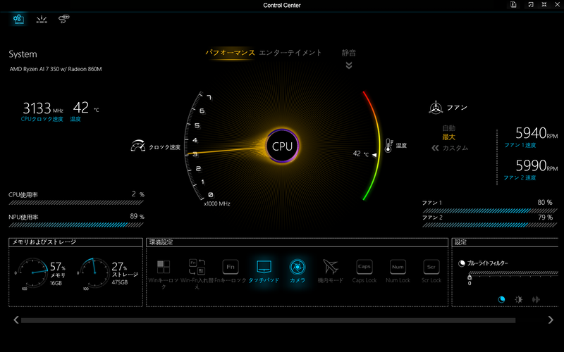 ベンチマークは管理ユーティリティ「Control Center」で、動作モードを「パフォーマンス」、ファンを「最大」に設定して実施