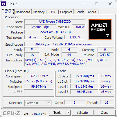 Ryzen 7 9850X3DのCPU-Z実行画面