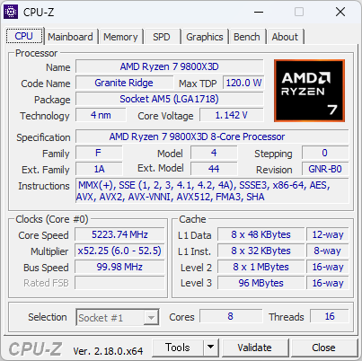 Ryzen 7 9800X3DのCPU-Z実行画面