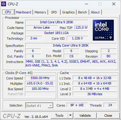 Core Ultra 9 285KのCPU-Z実行画面