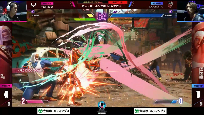 ときどのJPに挑むのはどぐらのエレナ。画面端に追い込んだときどのJPにどぐらの渾身のインパクトが刺さり、対JPにおいてエレナ不利の対面で見事にどぐらが勝利を掴んだ