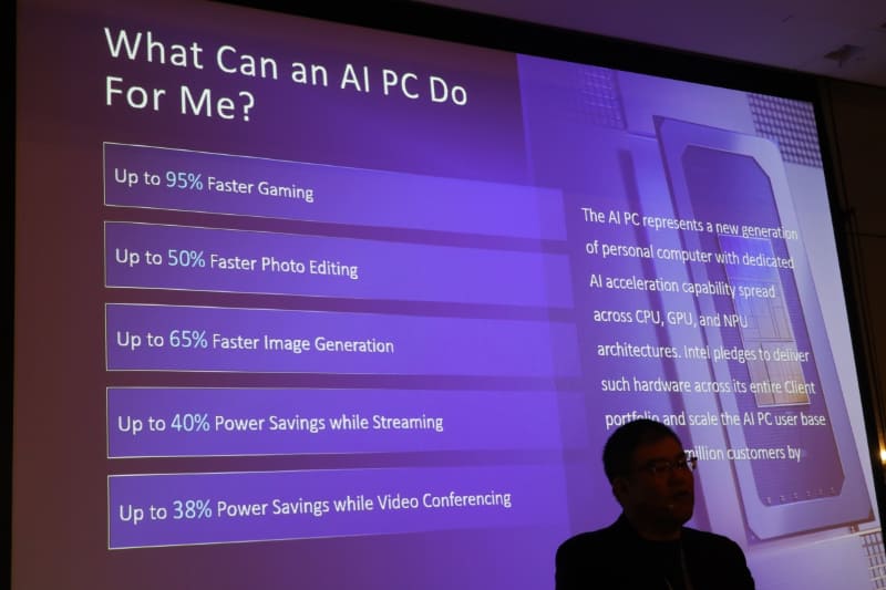AI PCによって実現する性能向上。これも2024年のイベントにおけるIntelのスライド