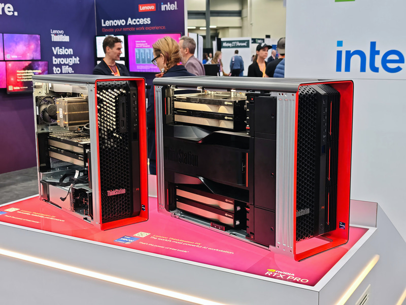 Lenovoのワークステーション、Lenovoは複数のワークステーションを1つのラックに入れるソリューションも展示