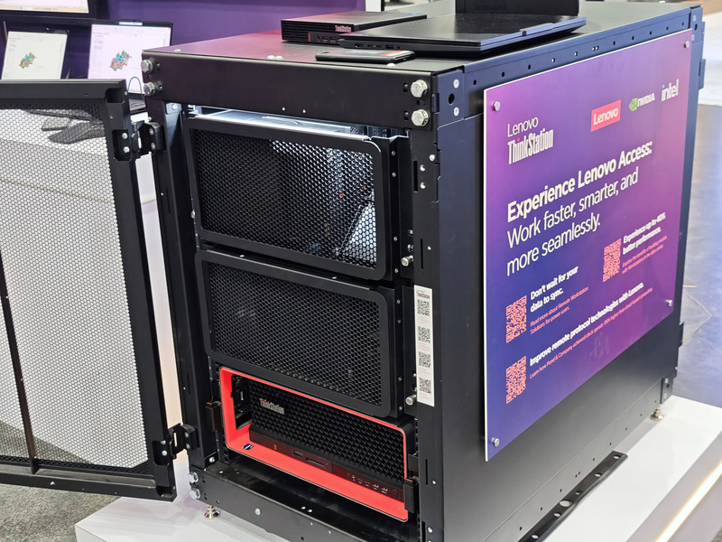 Lenovoのワークステーション、Lenovoは複数のワークステーションを1つのラックに入れるソリューションも展示