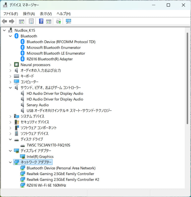 デバイスマネージャー/主要なデバイス。1TB M.2 2280 SSDは「TWSC TSC3AN1T0-F6Q10S」。2.5GbEはRealtek Gaming 2.5GbE x2、Wi-FiはRZ616 Wi-Fi 6E、BluetoothもRZ616