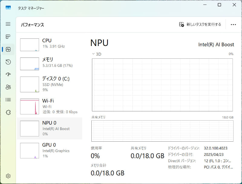タスクマネージャにNPUの項目