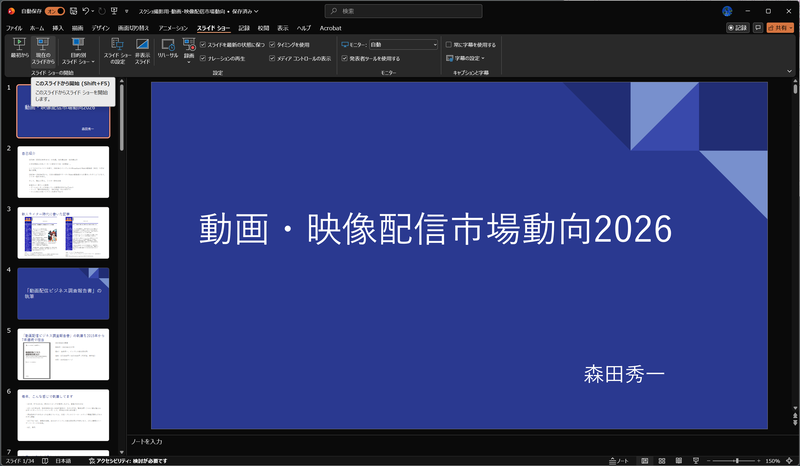 単にF5を押すと最初から、Shift+F5だと選択中のスライドから、全画面再生がスタートします。リボンメニューからも実行できますがF5はなかなか直感的に使え、重宝します