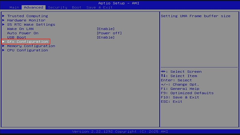 UEFI設定メニューの「Advanced」内にある「Gfx Configuration」を開く