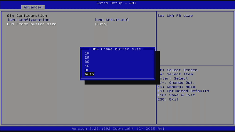 標準では「UMA Frame Buffer size」の設定が「Auto」となっている