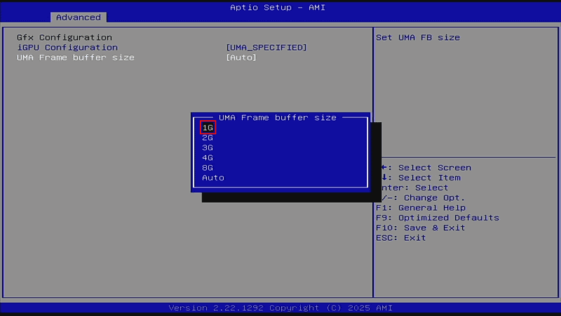 Autoから、最小の「1G」に変更し、設定を保存してPCを再起動