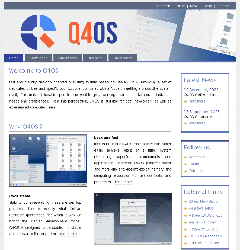 「Q4OS」のWebサイト。ここからダウンロードできる