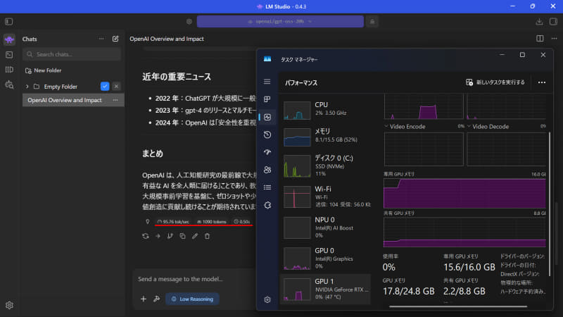 LM Studioを使ってgpt-oss-20b。95.76tok/s、1st token 0.5sと高速動作