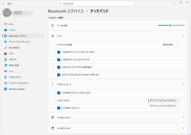ジェスチャーまわりの割当はWindows標準の機能を用いる。スクロール方向の上下の入れ替えにも対応する