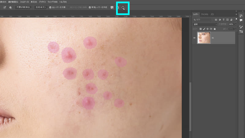 「削除ツール」は処置に少し時間がかかるため肌補正のニキビなど細かく複数のものに使う場合は「各ストローク後に削除」のチェックを外し最後にオプションバーの〇で一括で処置をすると時短になります