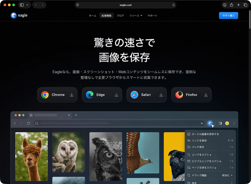 SafariやGoogle Chrome、Microsoft Edge、Firefoxの拡張機能へのリンクが表示されます。自分が使っているブラウザーのボタンを押し、ダウンロードを進めましょう