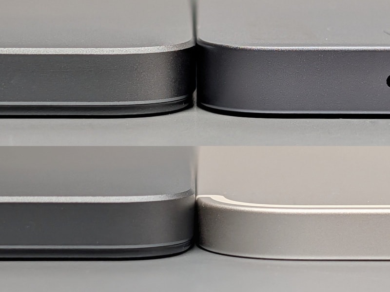 厚みの比較。いずれも左側が本製品、右上は従来モデル、右下はiPad mini。iPad miniにはかなわないが善戦している