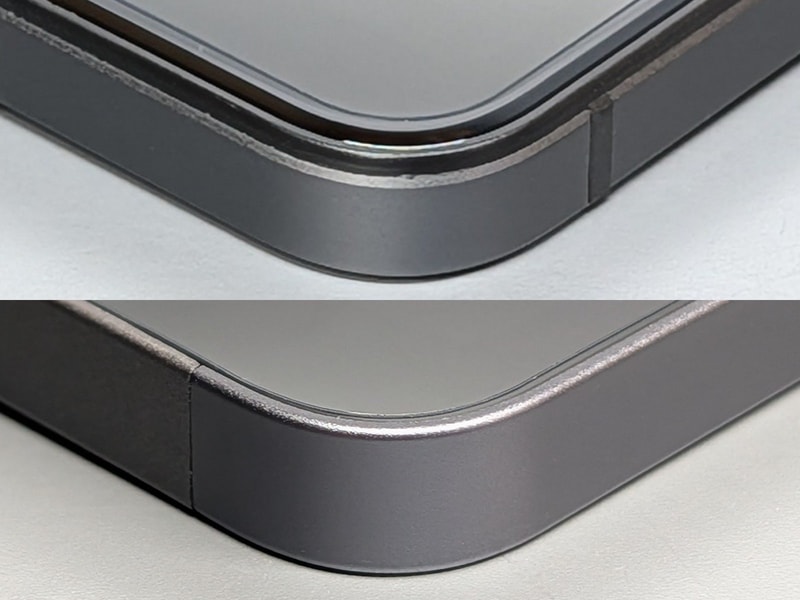 側面の加工の比較。側面がほぼ垂直の従来モデル(下)と異なり、本製品(上)はエッジ部に微妙な段差を設けることで、従来よりも薄く感じるよう工夫されている