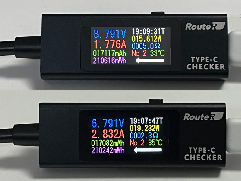急速充電によるピーク時出力の比較。従来モデル(下)は20W弱出ていたが、本製品(上)は15W前後へと低下している