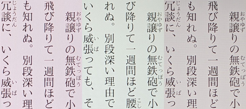 ディティールの比較。左が本製品(270ppi)、中央が従来モデル(270ppi)、右がiPad mini(326ppi)。どれも十分なクオリティだ