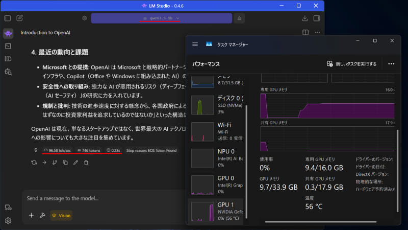 LM Studioでの動作。Q4_K_M(7.5GB)で96.58tok/s、0.23s(画像解析で0.84s) 1st tokenと爆速！コンテキスト長はVRAMを溢れない範囲だと50,000