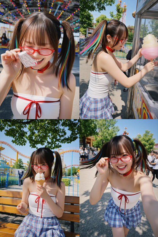 Z-Image-Base/Snap版。“アイドルが遊園地で遊んでいるのを4つのシーンに分けて、それを1つの画像へ。髪型、衣装、眼鏡はオリジナルのまま変更しない”